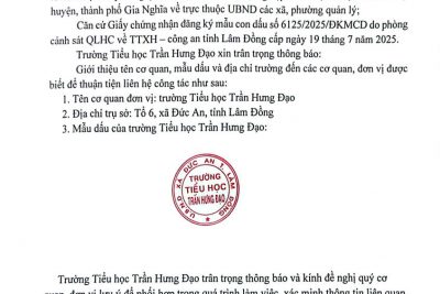 Thông báo về việc đổi mẫu con dấu trường Tiểu học Trần Hưng Đạo